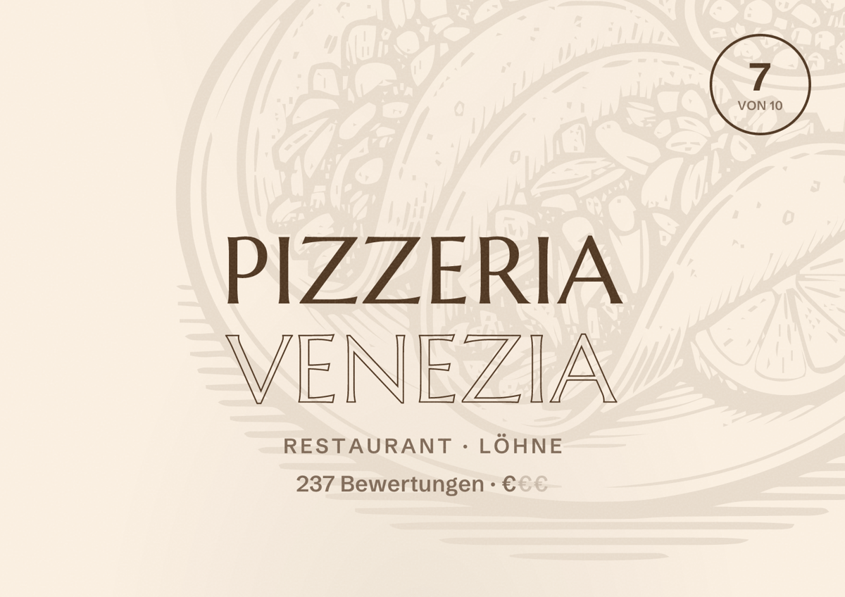 Illustriertes Poster von Pizzeria Venezia, Restaurant in Löhne: Bewertung 7 von 10 aus 237 Bewertungen, Preisniveau €