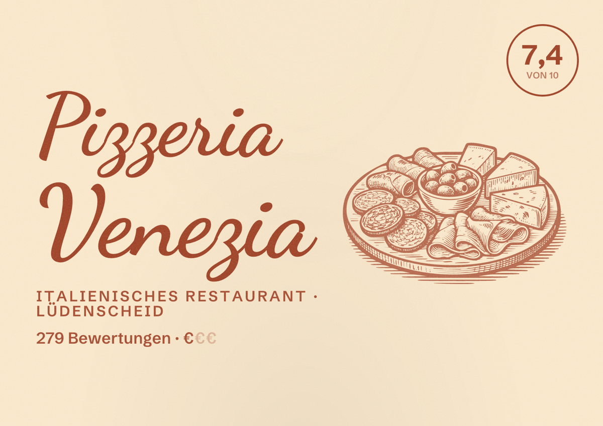 Illustriertes Poster von Pizzeria Venezia, Italienisches Restaurant in Lüdenscheid: Bewertung 7,4 von 10 aus 279 Bewertungen, Preisniveau €