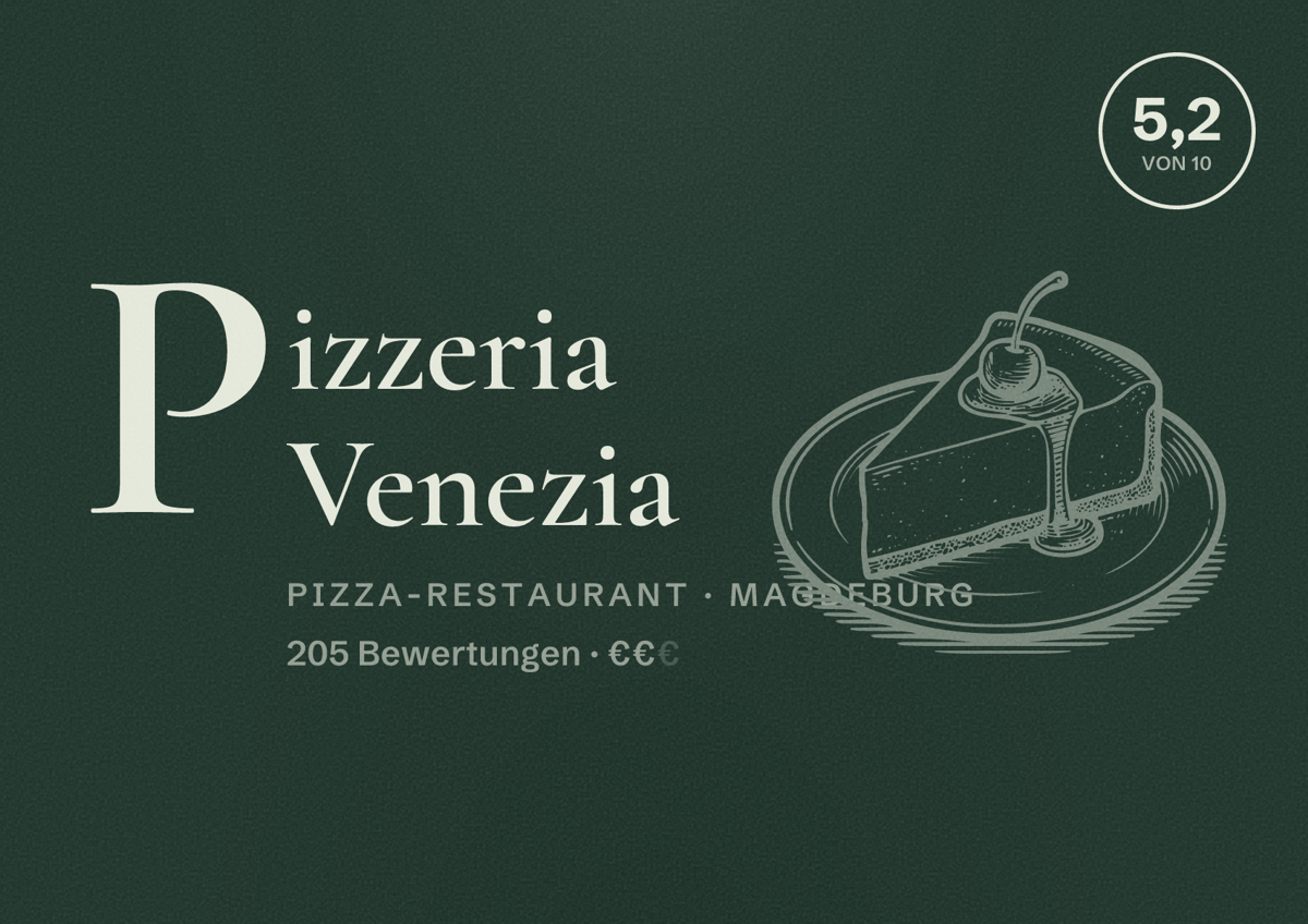 Illustriertes Poster von Pizzeria Venezia, Pizza-Restaurant in Magdeburg: Bewertung 5,2 von 10 aus 205 Bewertungen, Preisniveau €€