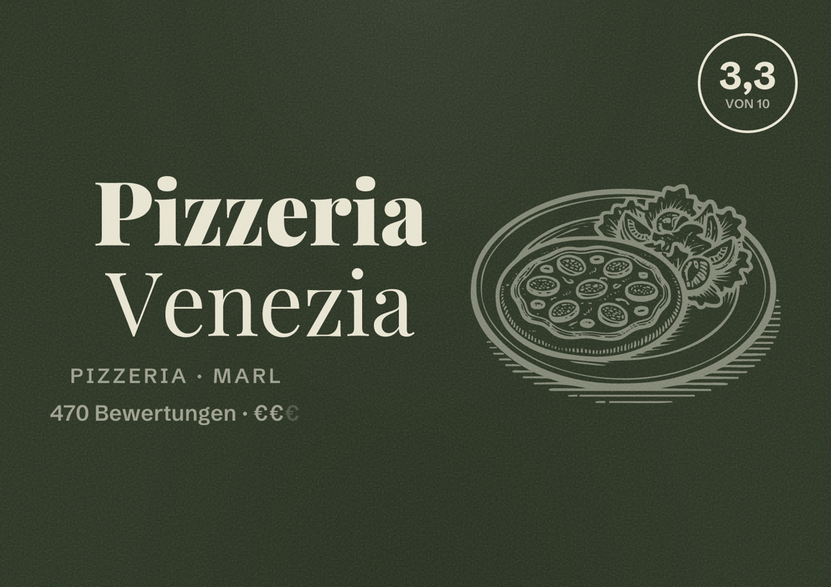 Illustriertes Poster von Pizzeria Venezia, Pizzeria in Marl: Bewertung 3,3 von 10 aus 470 Bewertungen, Preisniveau €€