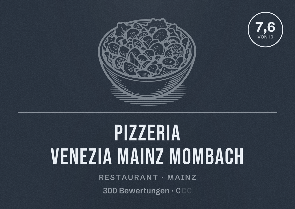 Illustriertes Poster von Pizzeria Venezia Mainz Mombach, Restaurant in Mainz: Bewertung 7,6 von 10 aus 300 Bewertungen, Preisniveau €