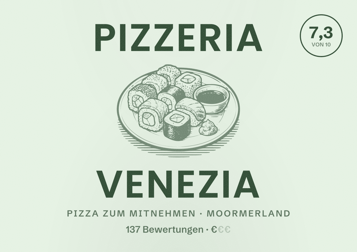 Illustriertes Poster von Pizzeria Venezia, Pizza zum Mitnehmen in Moormerland: Bewertung 7,3 von 10 aus 137 Bewertungen, Preisniveau €