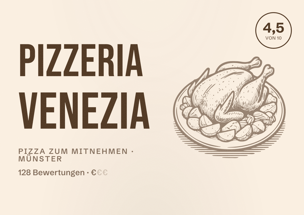 Illustriertes Poster von Pizzeria Venezia, Pizza zum Mitnehmen in Münster: Bewertung 4,5 von 10 aus 128 Bewertungen, Preisniveau €