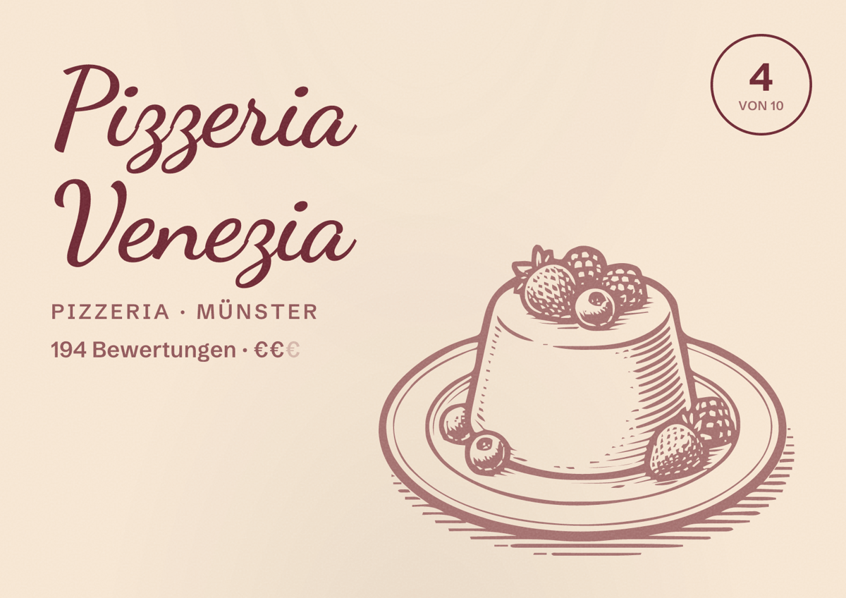 Illustriertes Poster von Pizzeria Venezia, Pizzeria in Münster: Bewertung 4,0 von 10 aus 194 Bewertungen, Preisniveau €€