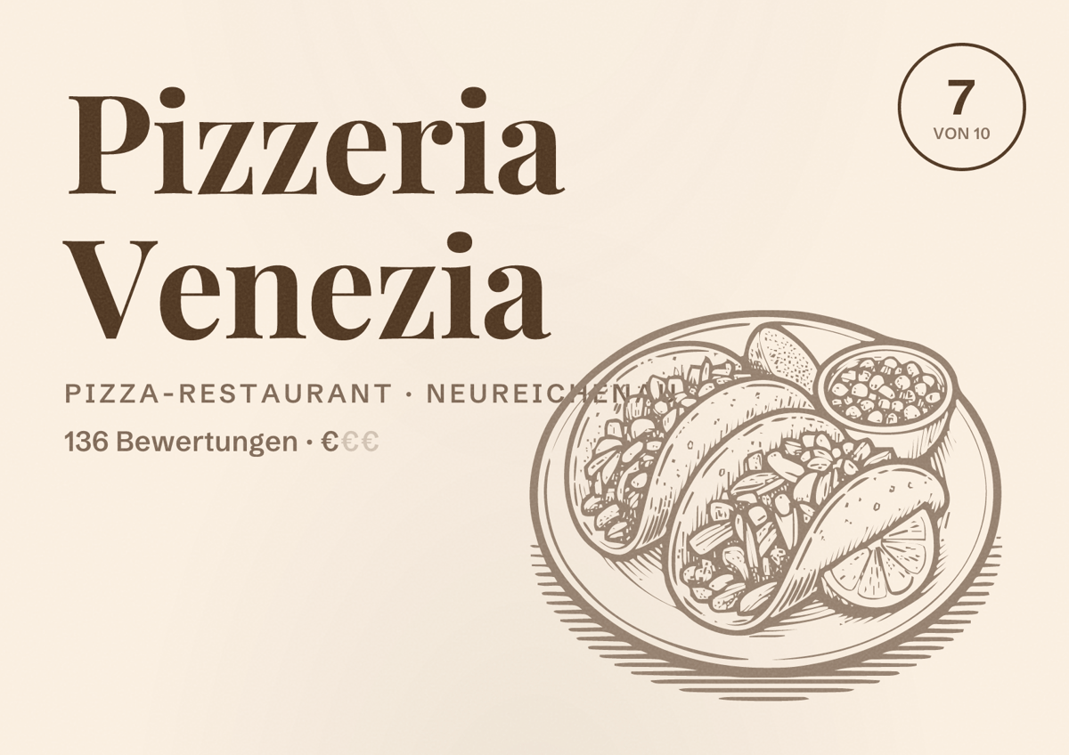 Illustriertes Poster von Pizzeria Venezia, Pizza-Restaurant in Neureichenau: Bewertung 7 von 10 aus 136 Bewertungen, Preisniveau €