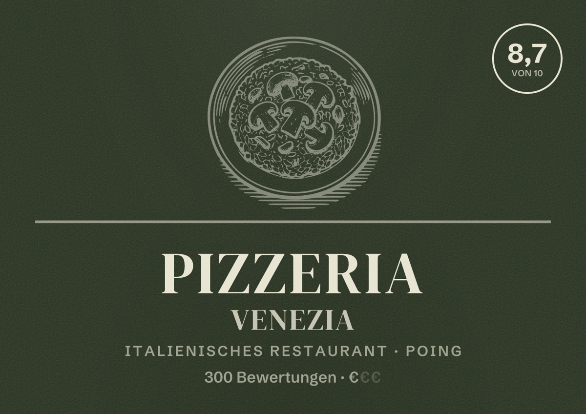 Illustriertes Poster von Pizzeria Venezia, Italienisches Restaurant in Poing: Bewertung 8,7 von 10 aus 300 Bewertungen, Preisniveau €