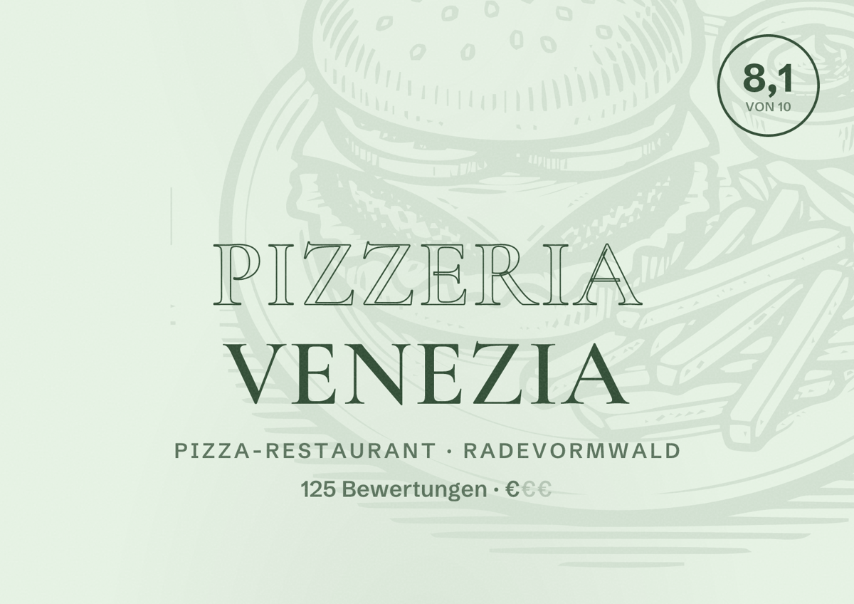Illustriertes Poster von Pizzeria Venezia, Pizza-Restaurant in Radevormwald: Bewertung 8,1 von 10 aus 125 Bewertungen, Preisniveau €