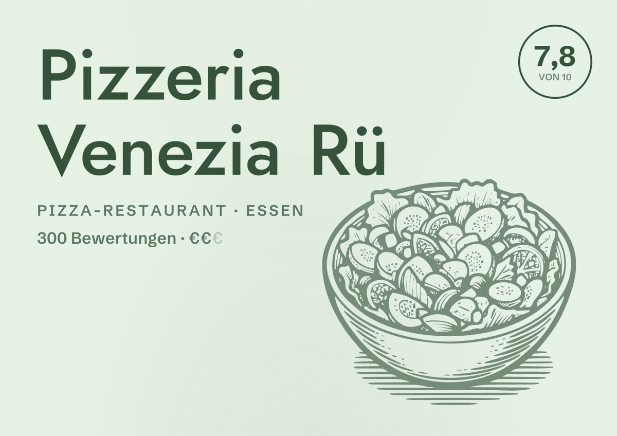 Illustriertes Poster von Pizzeria Venezia Rü, Pizza-Restaurant in Essen: Bewertung 7,8 von 10 aus 300 Bewertungen, Preisniveau €€