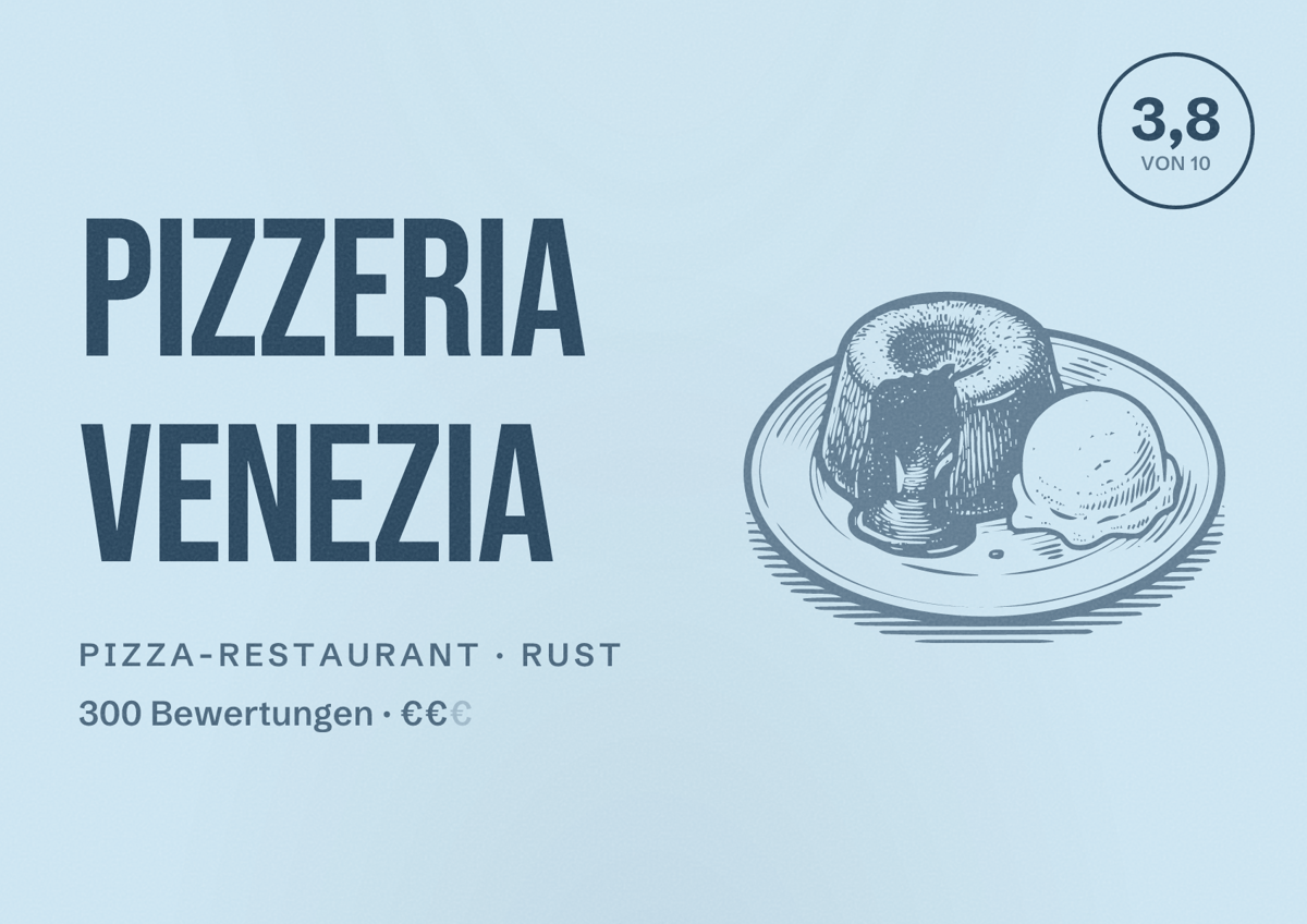 Illustriertes Poster von Pizzeria Venezia, Pizza-Restaurant in Rust: Bewertung 3,8 von 10 aus 300 Bewertungen, Preisniveau €€