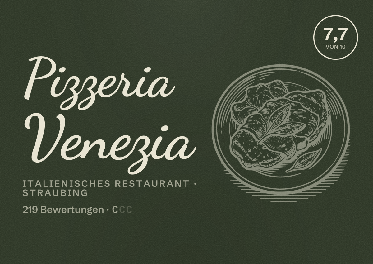 Illustriertes Poster von Pizzeria Venezia, Italienisches Restaurant in Straubing: Bewertung 7,7 von 10 aus 219 Bewertungen, Preisniveau €
