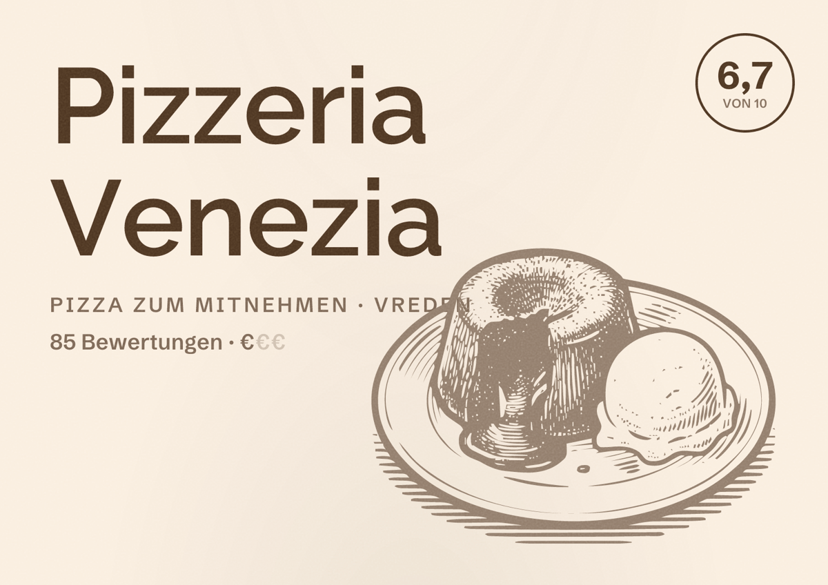 Illustriertes Poster von Pizzeria Venezia, Pizza zum Mitnehmen in Vreden: Bewertung 6,7 von 10 aus 85 Bewertungen, Preisniveau €