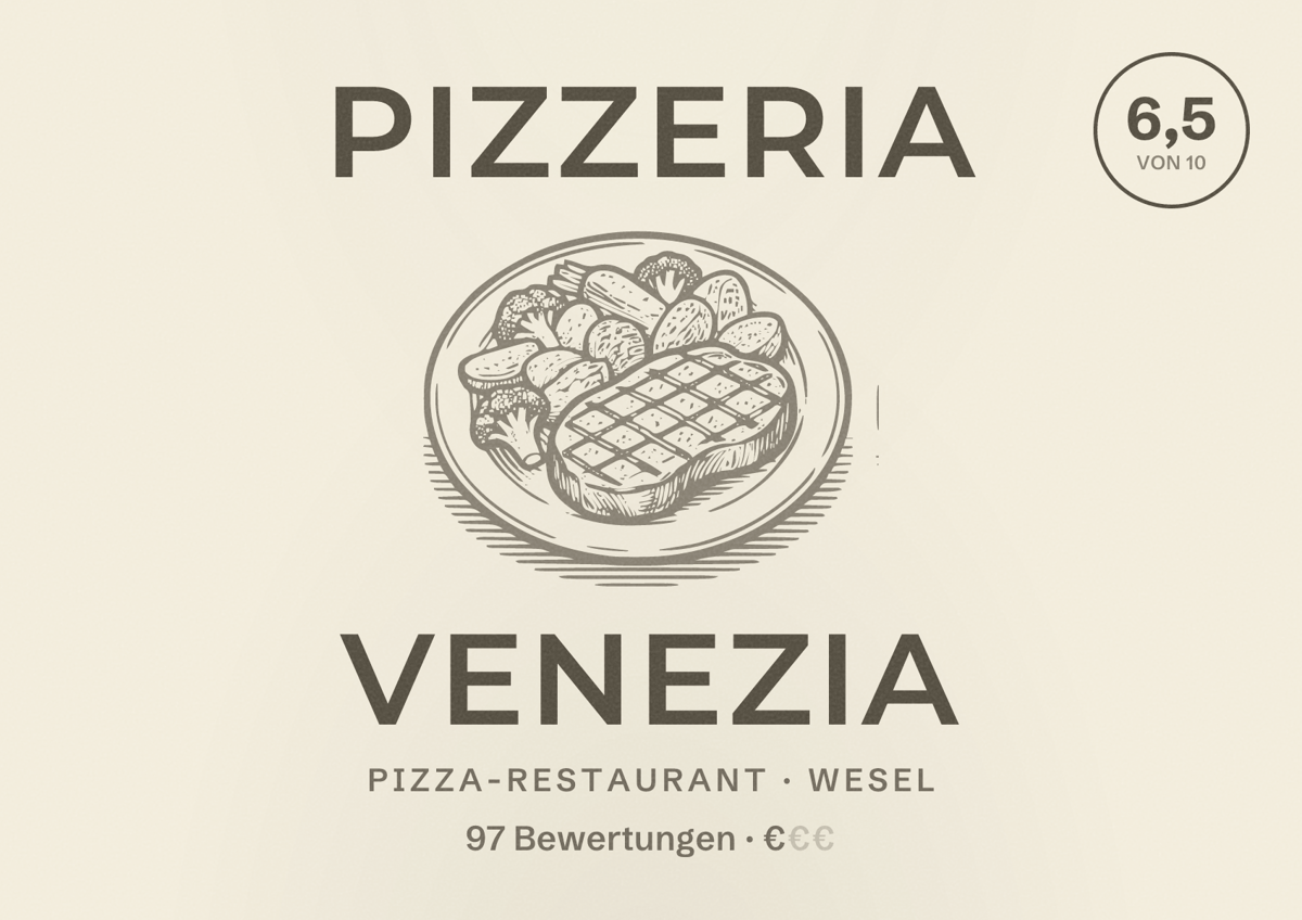 Illustriertes Poster von Pizzeria Venezia, Pizza-Restaurant in Wesel: Bewertung 6,5 von 10 aus 97 Bewertungen, Preisniveau €