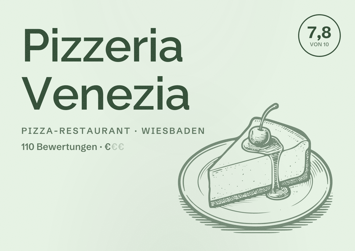 Illustriertes Poster von Pizzeria Venezia, Pizza-Restaurant in Wiesbaden: Bewertung 7,8 von 10 aus 110 Bewertungen, Preisniveau €