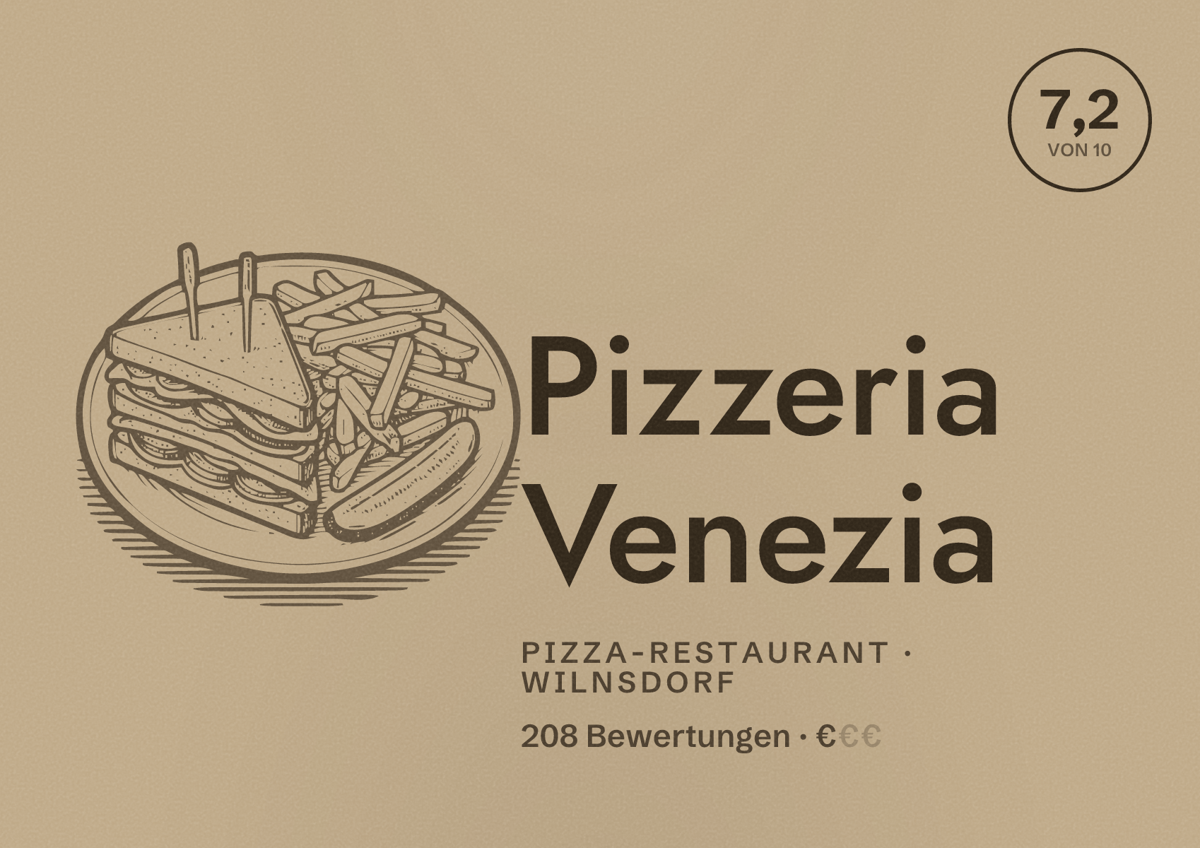 Illustriertes Poster von Pizzeria Venezia, Pizza-Restaurant in Wilnsdorf: Bewertung 7,2 von 10 aus 208 Bewertungen, Preisniveau €