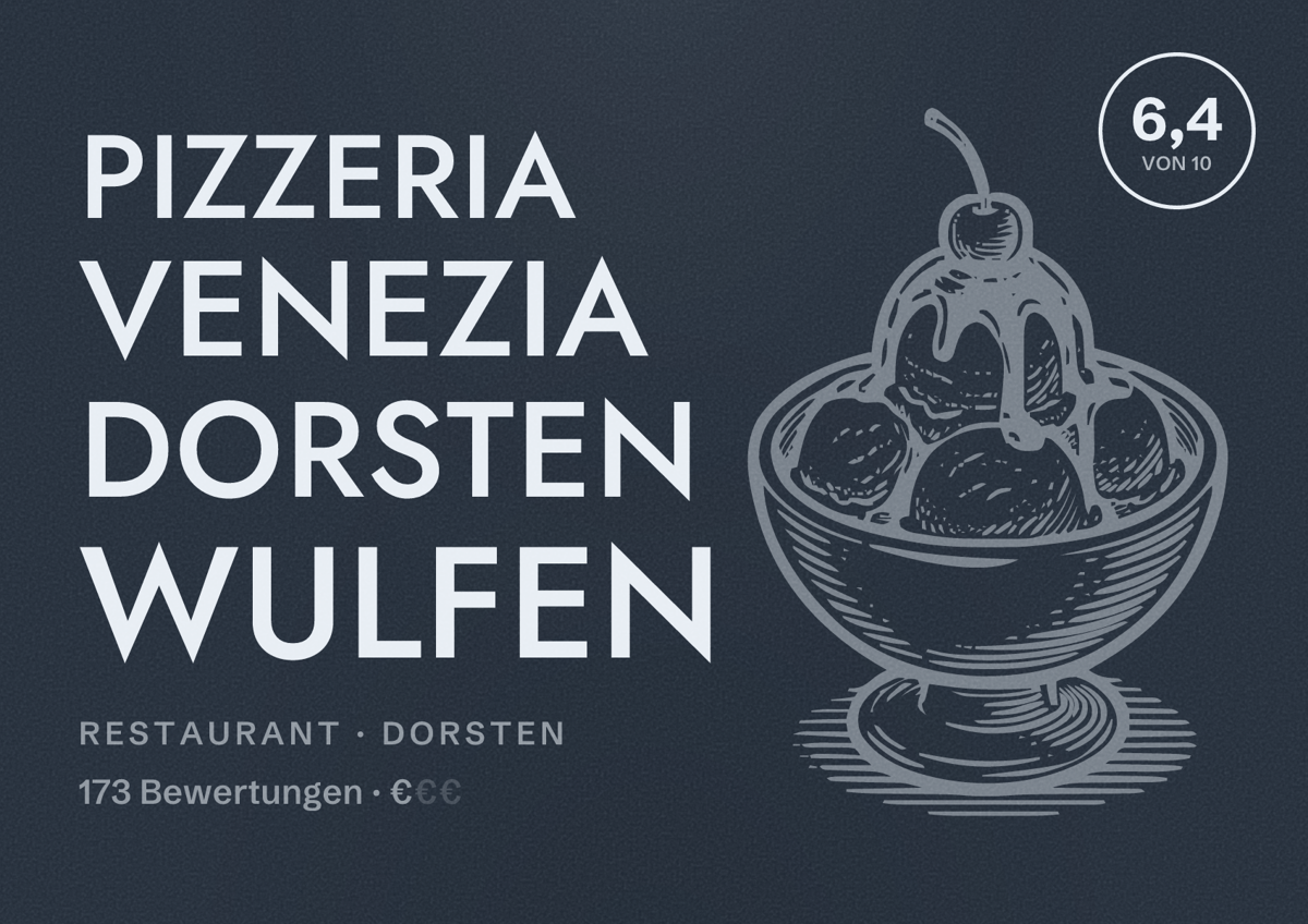 Illustriertes Poster von Pizzeria Venezia Dorsten Wulfen, Restaurant in Dorsten: Bewertung 6,4 von 10 aus 173 Bewertungen, Preisniveau €