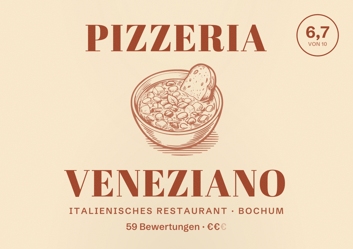 Illustriertes Poster von Pizzeria Veneziano, Italienisches Restaurant in Bochum: Gästebewertung 6,7 von 10 aus 59 Bewertungen