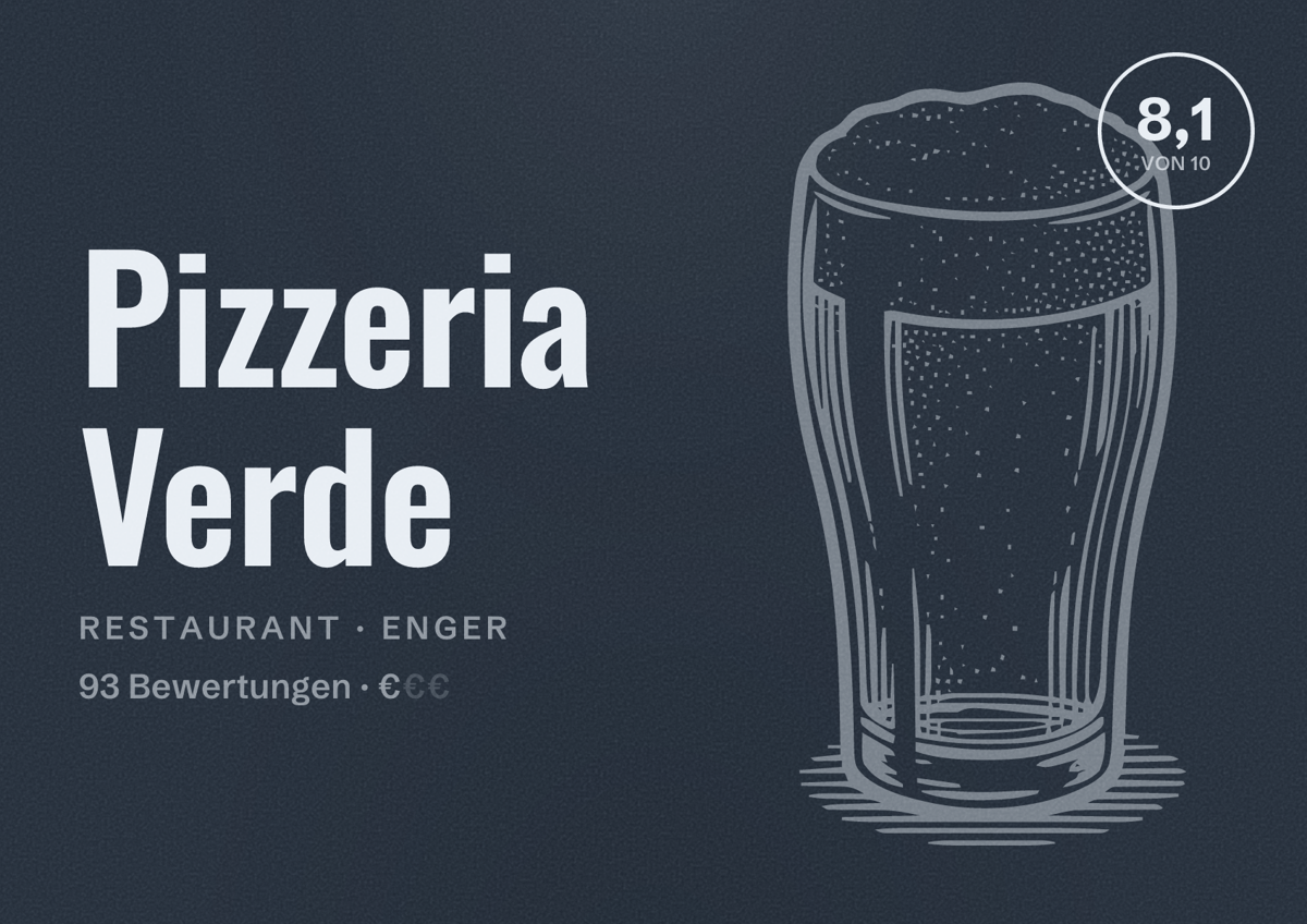 Illustriertes Poster von Pizzeria Verde, Restaurant in Enger: Bewertung 8,1 von 10 aus 93 Bewertungen, Preisniveau €