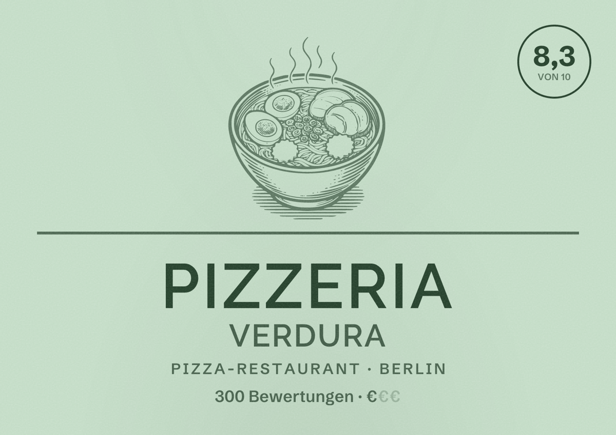 Illustriertes Poster von Pizzeria Verdura, Pizza-Restaurant in Berlin: Bewertung 8,3 von 10 aus 300 Bewertungen, Preisniveau €