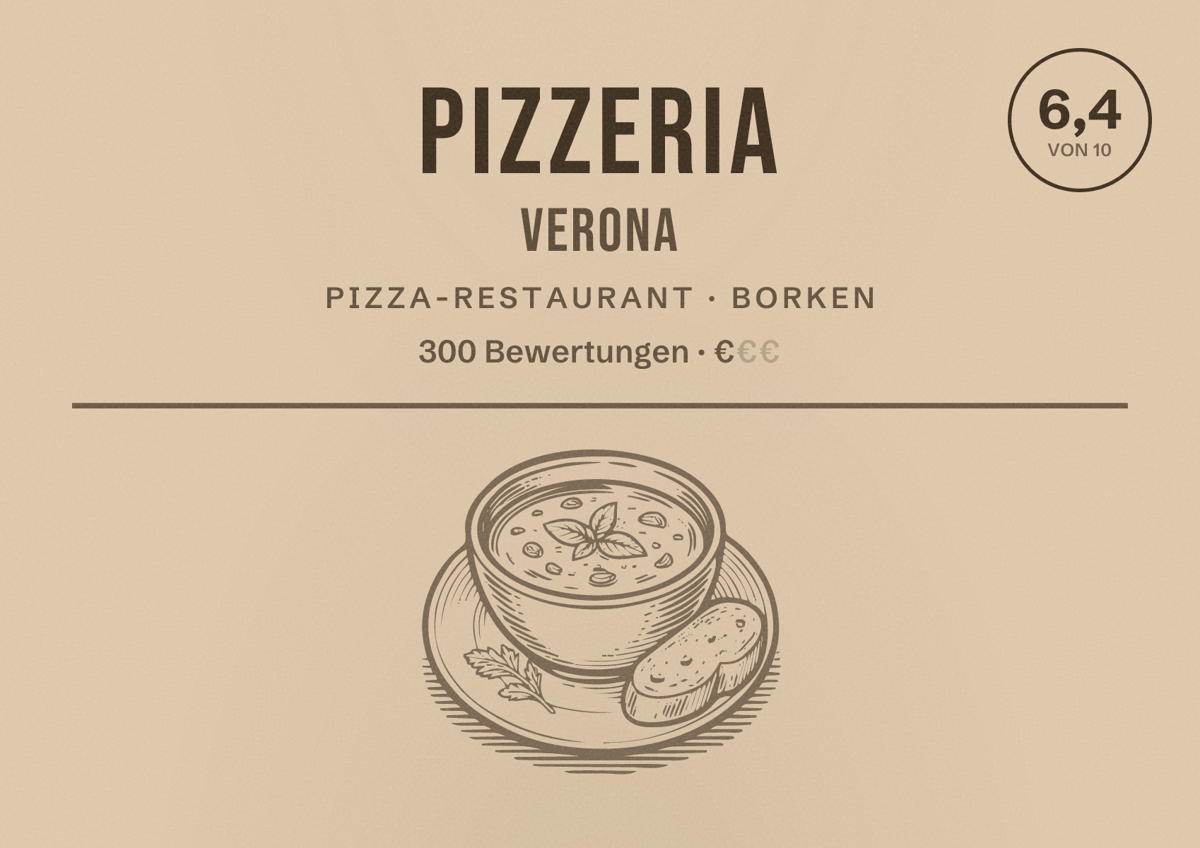 Illustriertes Poster von Pizzeria Verona, Pizza-Restaurant in Borken: Bewertung 6,4 von 10 aus 300 Bewertungen, Preisniveau €