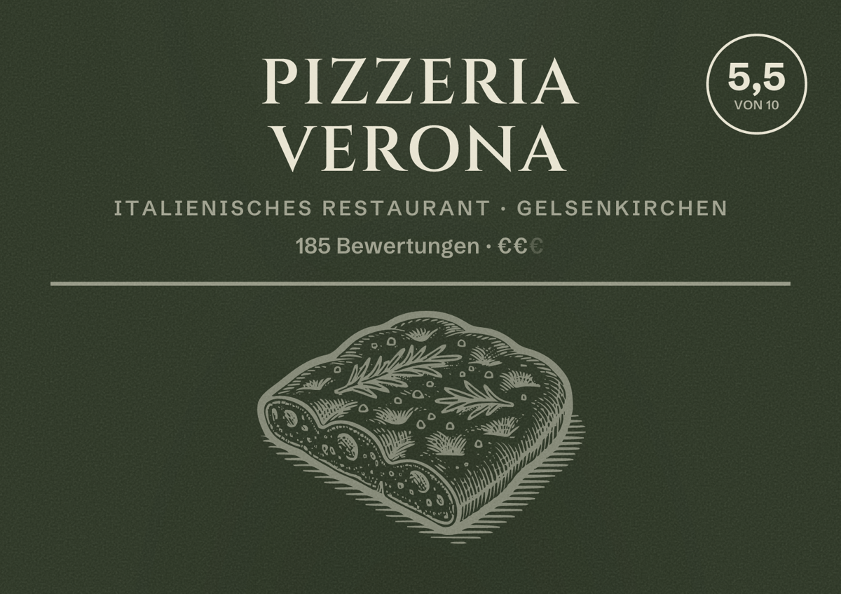 Illustriertes Poster von Pizzeria Verona, Italienisches Restaurant in Gelsenkirchen: Bewertung 5,5 von 10 aus 185 Bewertungen, Preisniveau €€