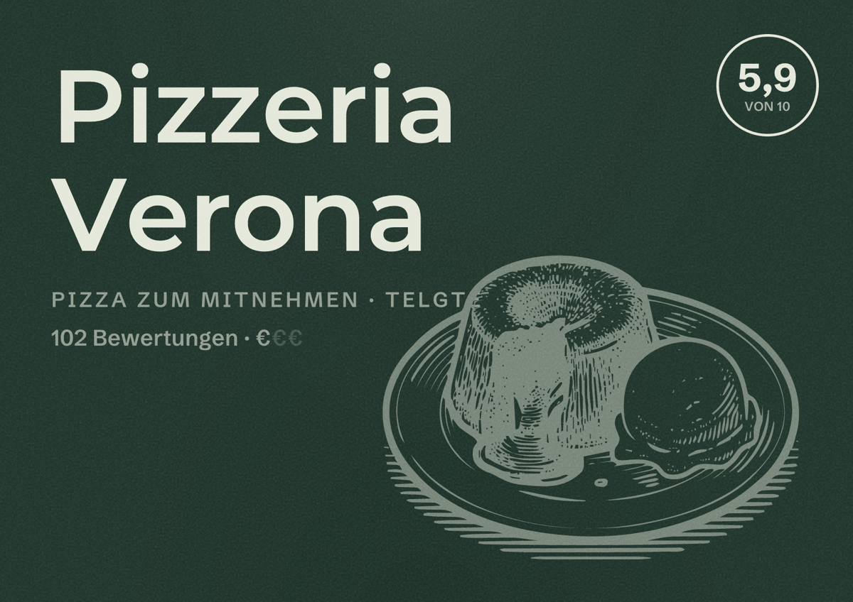 Illustriertes Poster von Pizzeria Verona, Pizza zum Mitnehmen in Telgte: Bewertung 5,9 von 10 aus 102 Bewertungen, Preisniveau €