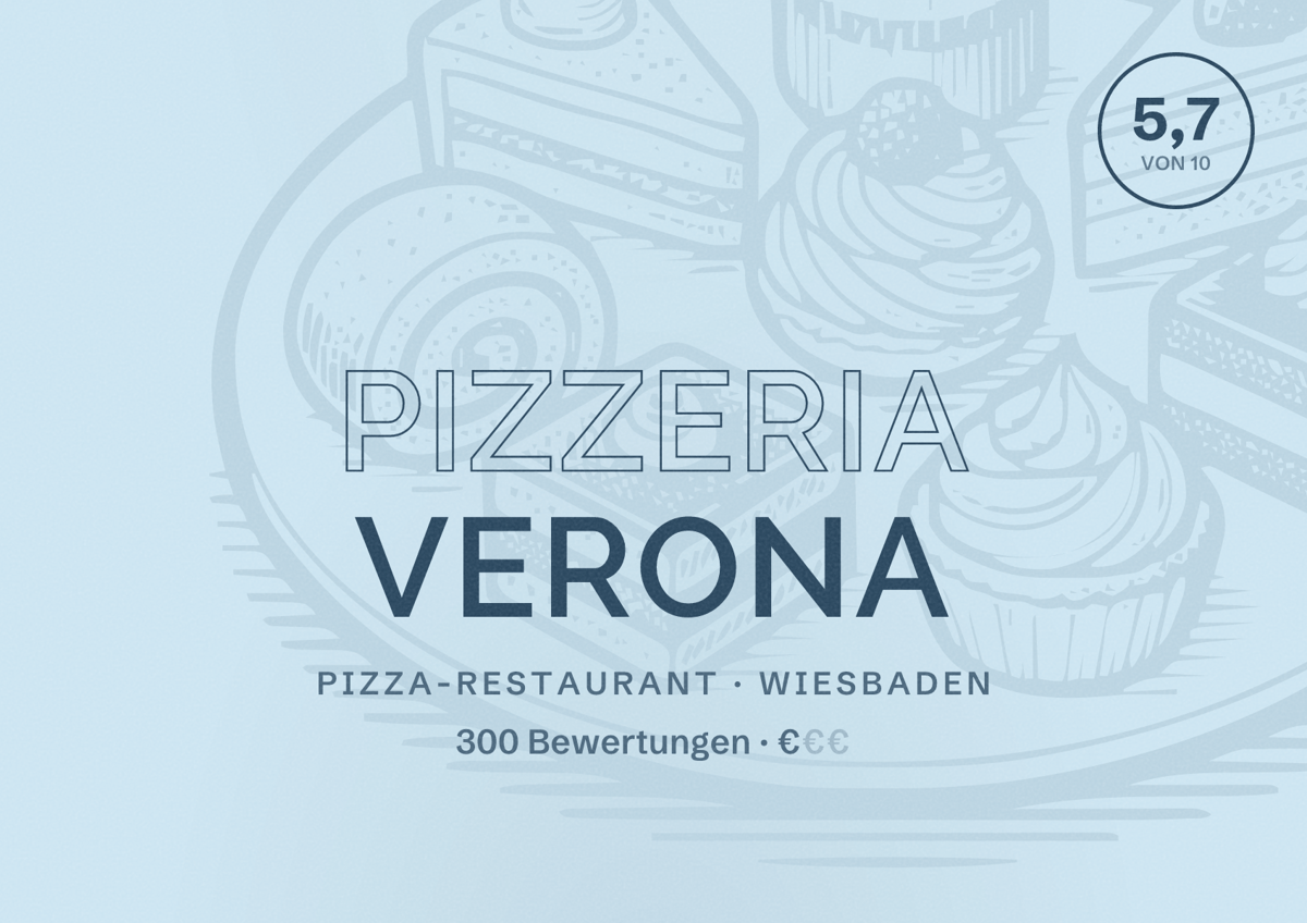 Illustriertes Poster von Pizzeria Verona, Pizza-Restaurant in Wiesbaden: Bewertung 5,7 von 10 aus 300 Bewertungen, Preisniveau €