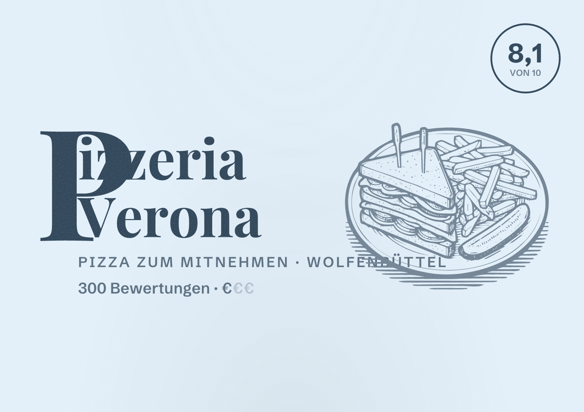 Illustriertes Poster von Pizzeria Verona, Pizza zum Mitnehmen in Wolfenbüttel: Bewertung 8,1 von 10 aus 300 Bewertungen, Preisniveau €