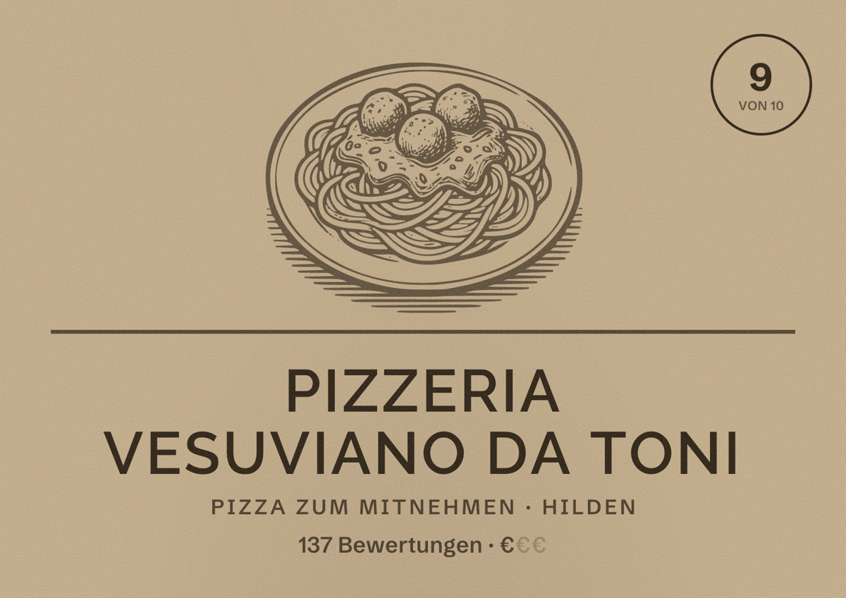 Illustriertes Poster von Pizzeria Vesuviano da Toni, Pizza zum Mitnehmen in Hilden: Bewertung 9 von 10 aus 137 Bewertungen, Preisniveau €