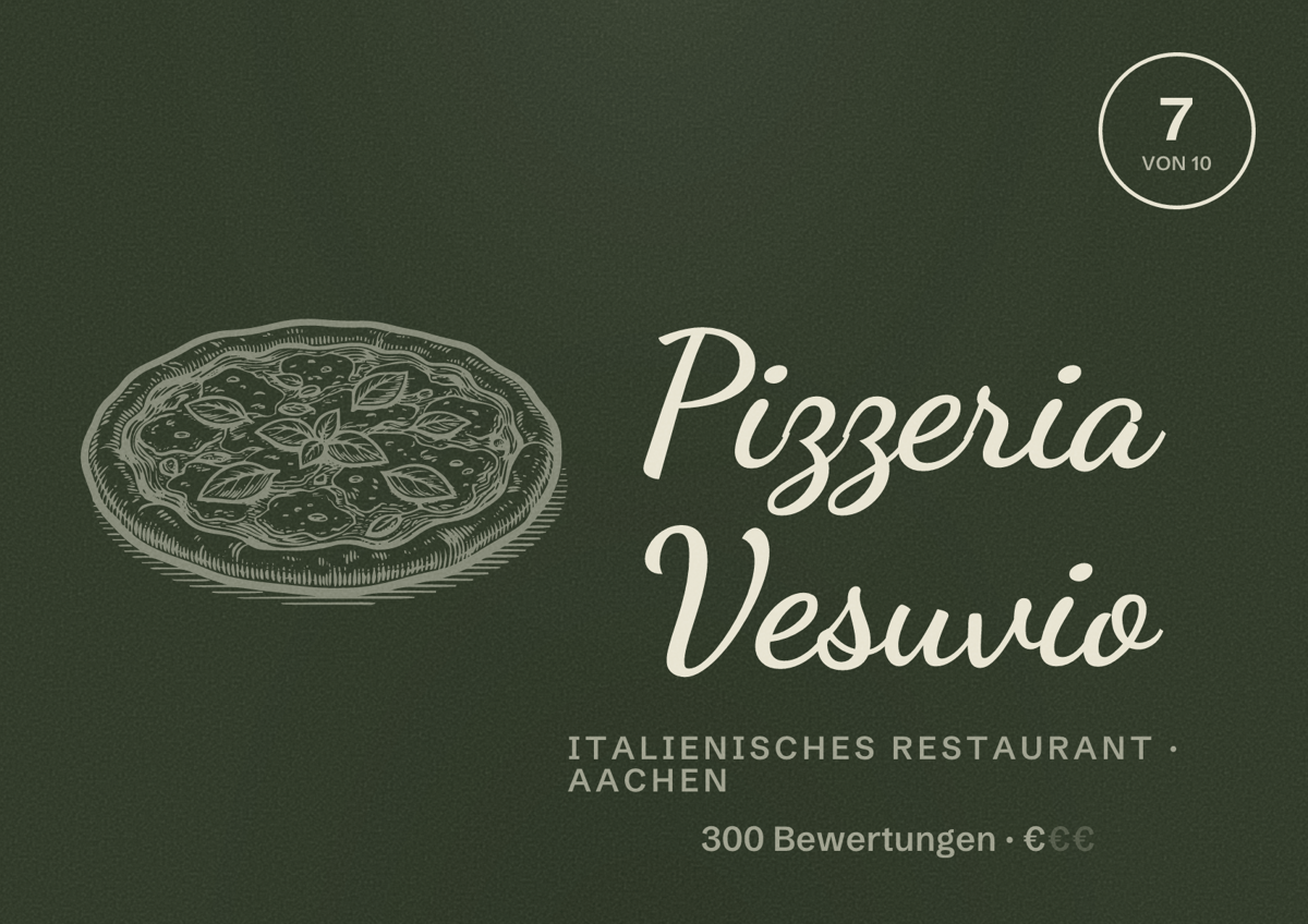 Illustriertes Poster von Pizzeria Vesuvio, Italienisches Restaurant in Aachen: Bewertung 7,0 von 10 aus 300 Bewertungen, Preisniveau €