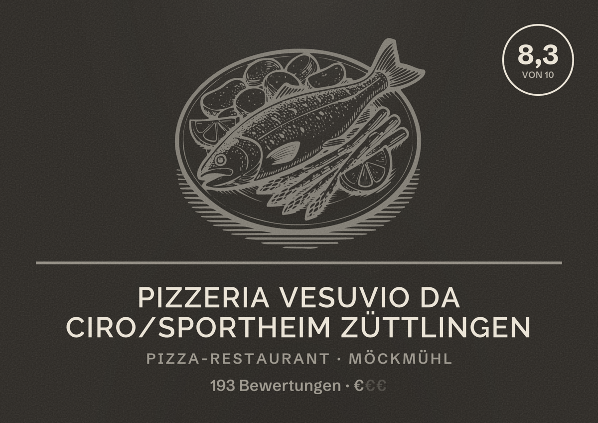 Illustriertes Poster von Pizzeria VESUVIO da Ciro/Sportheim Züttlingen, Pizza-Restaurant in Möckmühl: Bewertung 8,3 von 10 aus 193 Bewertungen, Preisniveau €