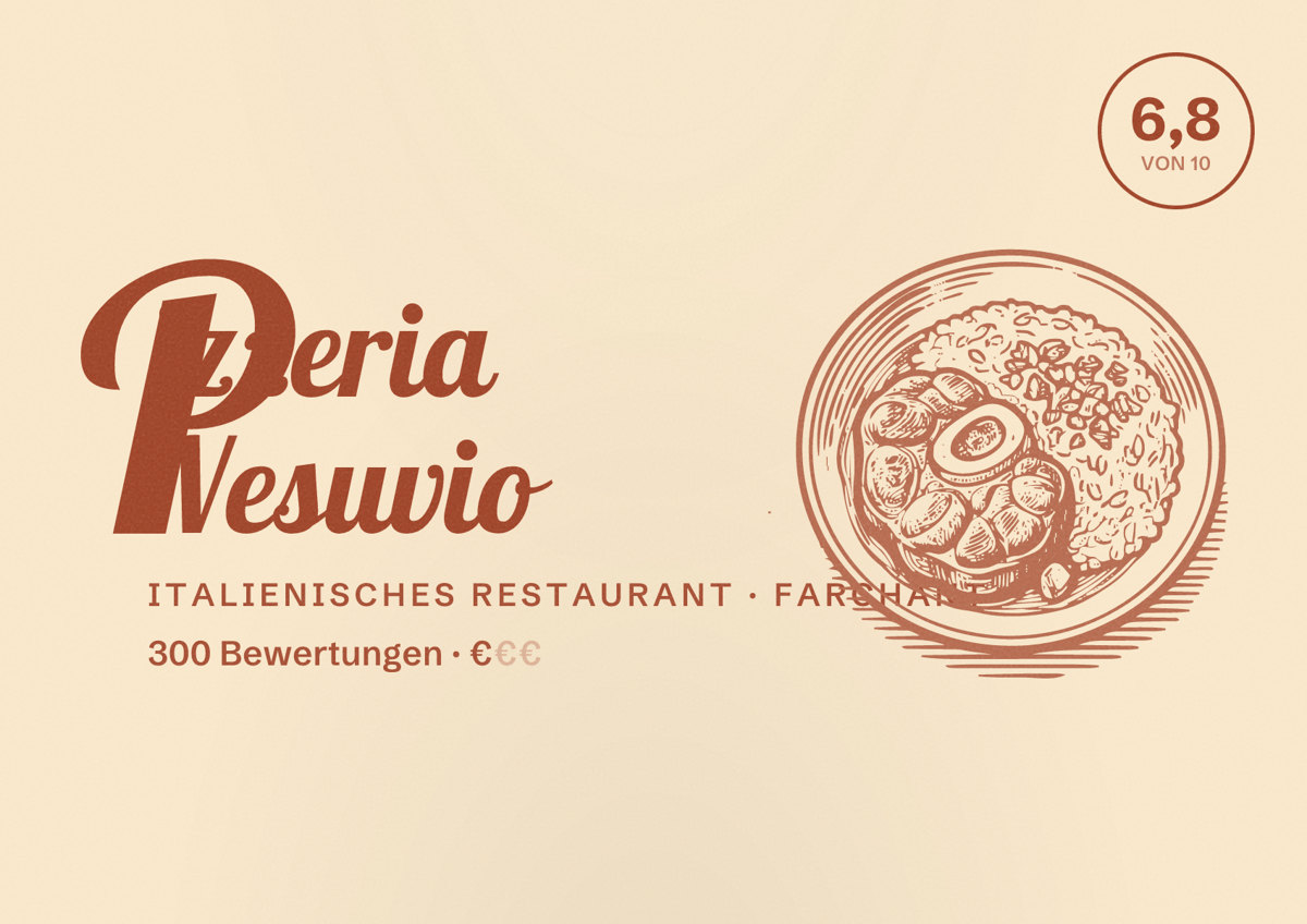 Illustriertes Poster von Pizzeria Vesuvio, Italienisches Restaurant in Farchant: Bewertung 6,8 von 10 aus 300 Bewertungen, Preisniveau €