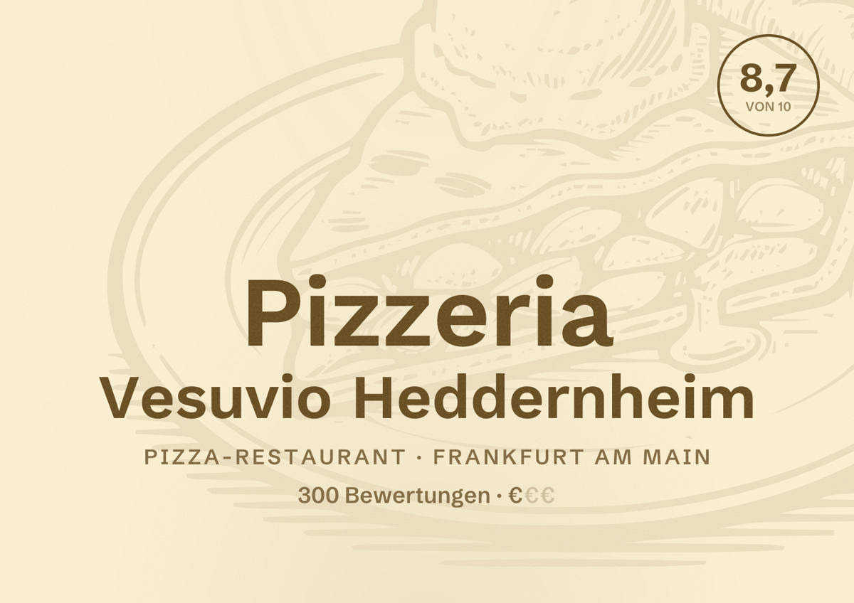 Illustriertes Poster von Pizzeria Vesuvio Heddernheim, Pizza-Restaurant in Frankfurt am Main: Bewertung 8,7 von 10 aus 300 Bewertungen, Preisniveau €