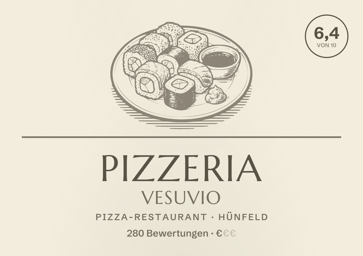 Illustriertes Poster von Pizzeria Vesuvio, Pizza-Restaurant in Hünfeld: Bewertung 6,4 von 10 aus 280 Bewertungen, Preisniveau €