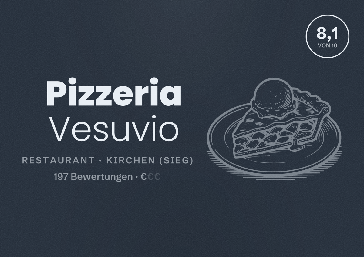 Illustriertes Poster von Pizzeria Vesuvio, Restaurant in Kirchen (Sieg): Bewertung 8,1 von 10 aus 197 Bewertungen, Preisniveau €