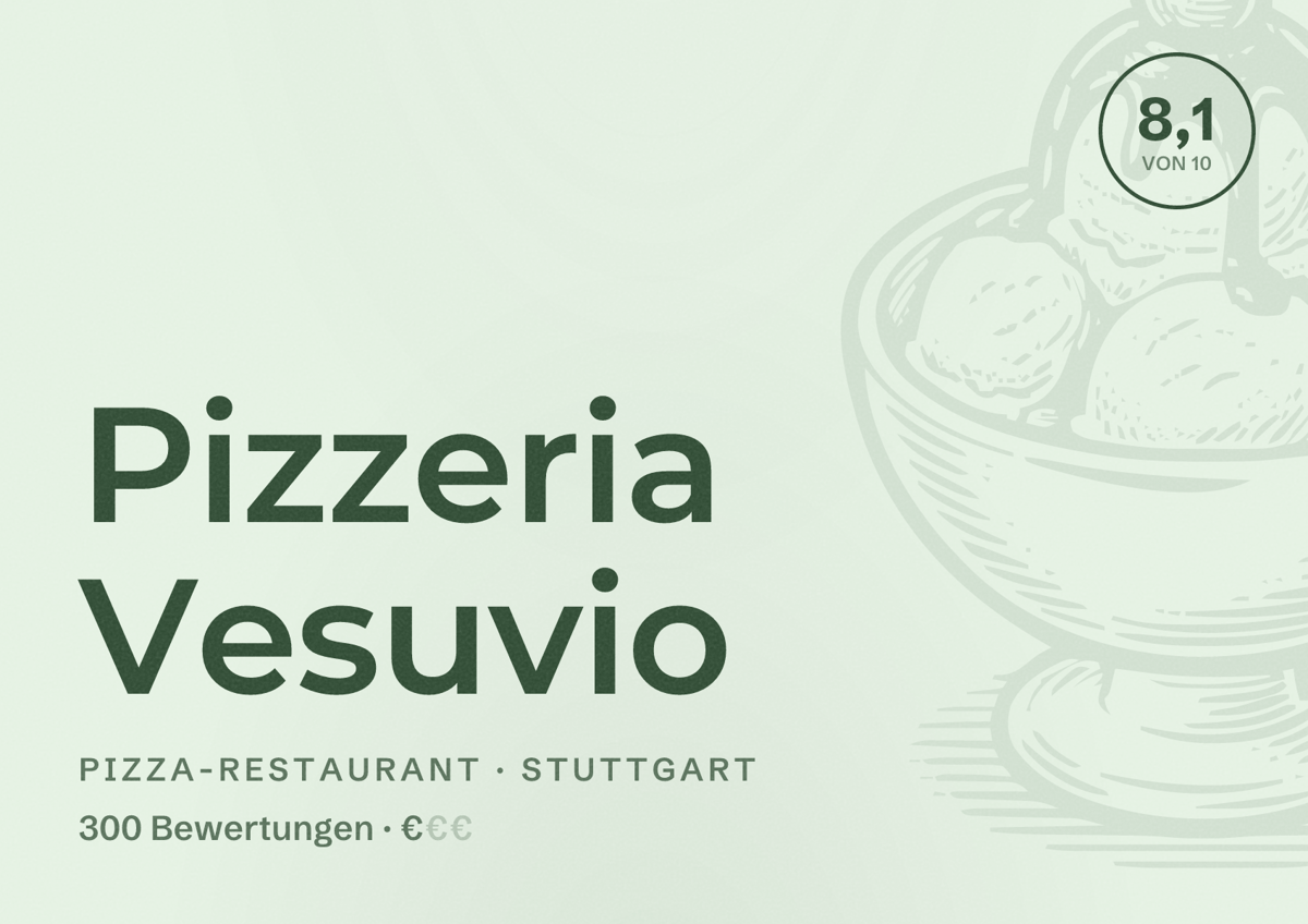 Illustriertes Poster von Pizzeria Vesuvio, Pizza-Restaurant in Stuttgart: Bewertung 8,1 von 10 aus 300 Bewertungen, Preisniveau €