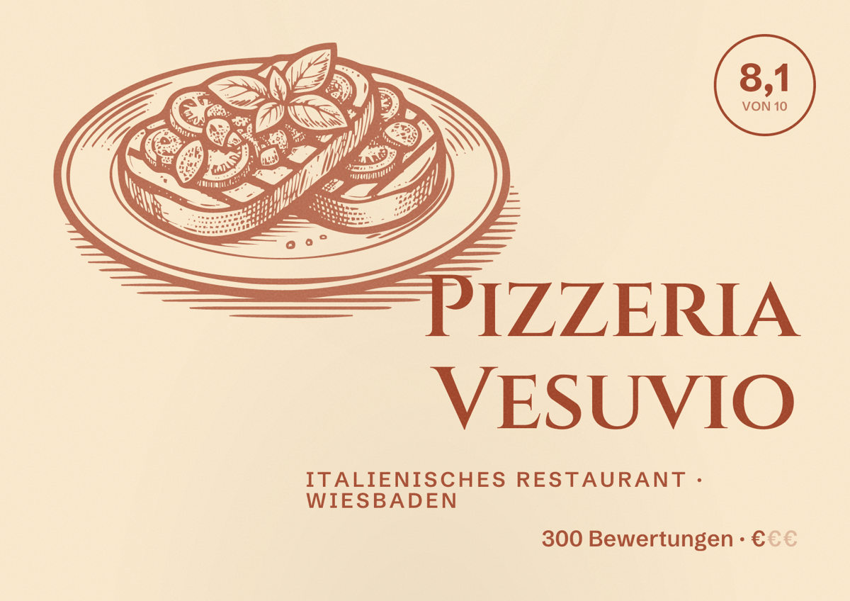 Illustriertes Poster von Pizzeria Vesuvio, Italienisches Restaurant in Wiesbaden: Bewertung 8,1 von 10 aus 300 Bewertungen, Preisniveau €