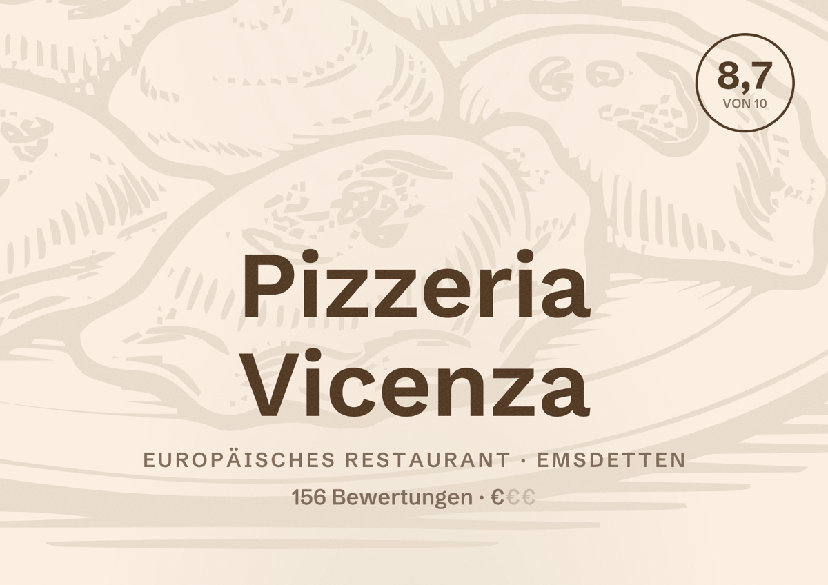 Illustriertes Poster von Pizzeria Vicenza, Europäisches Restaurant in Emsdetten: Bewertung 8,7 von 10 aus 156 Bewertungen, Preisniveau €