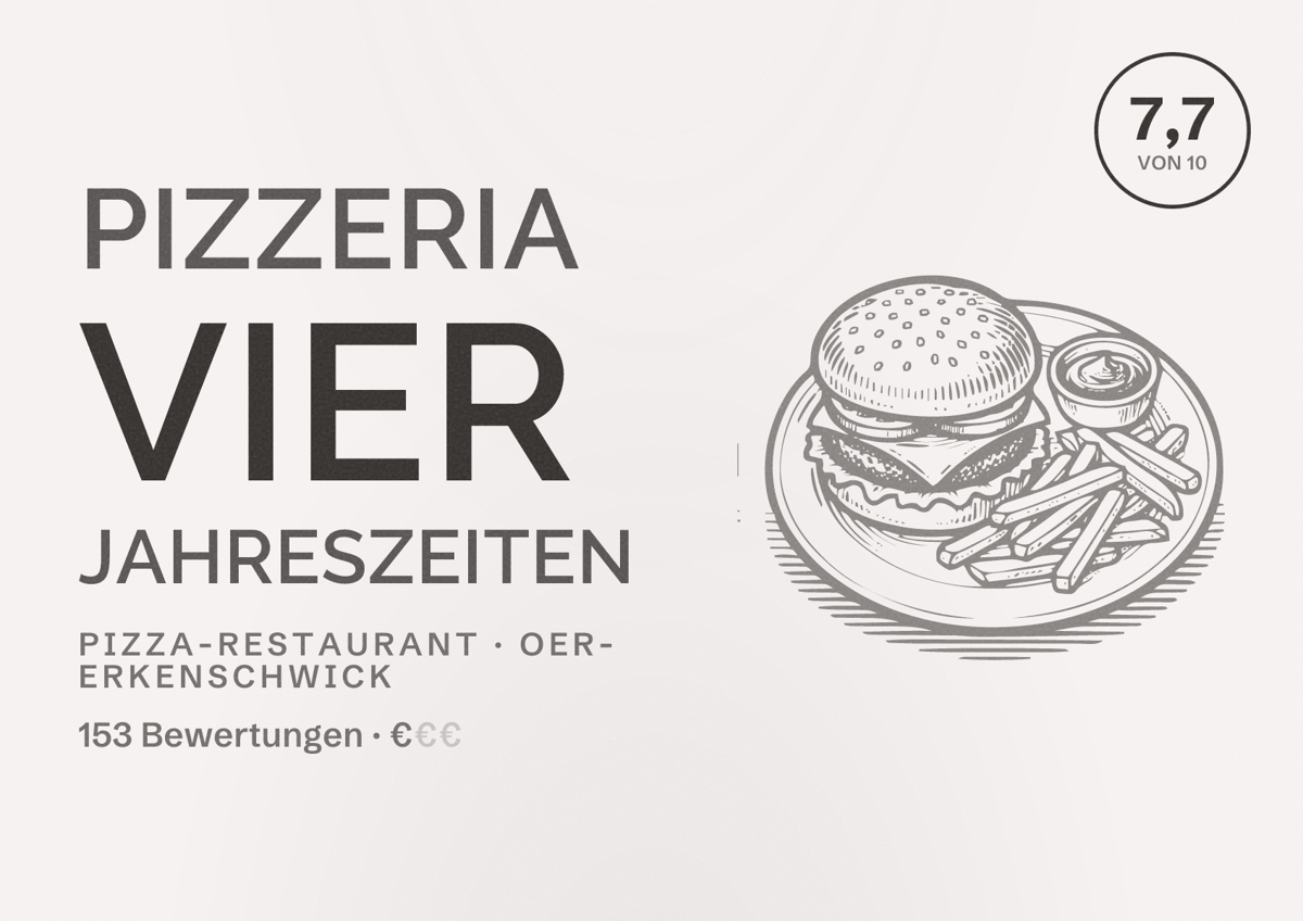 Illustriertes Poster von Pizzeria Vier Jahreszeiten, Pizza-Restaurant in Oer-Erkenschwick: Bewertung 7,7 von 10 aus 153 Bewertungen, Preisniveau €