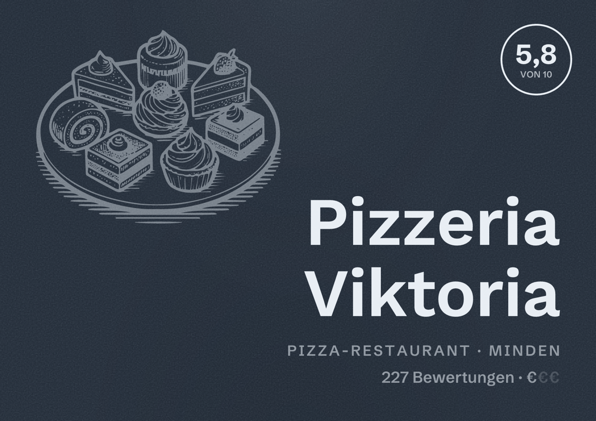 Illustriertes Poster von Pizzeria Viktoria, Pizza-Restaurant in Minden: Bewertung 5,8 von 10 aus 227 Bewertungen, Preisniveau €