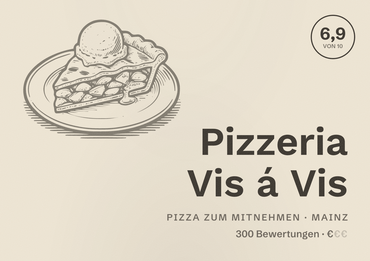 Illustriertes Poster von Pizzeria Vis á Vis, Pizza zum Mitnehmen in Mainz: Bewertung 6,9 von 10 aus 300 Bewertungen, Preisniveau €