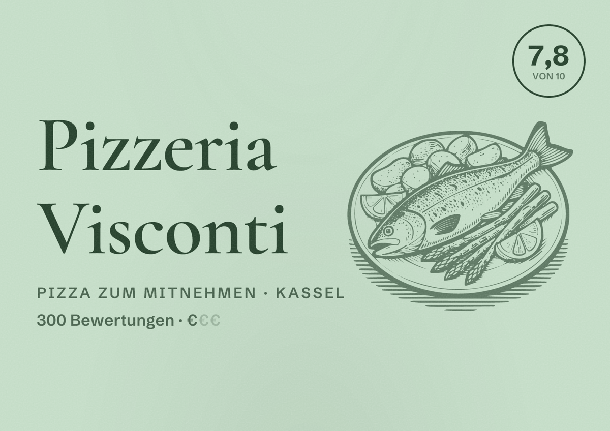 Illustriertes Poster von Pizzeria Visconti, Pizza zum Mitnehmen in Kassel: Bewertung 7,8 von 10 aus 300 Bewertungen, Preisniveau €