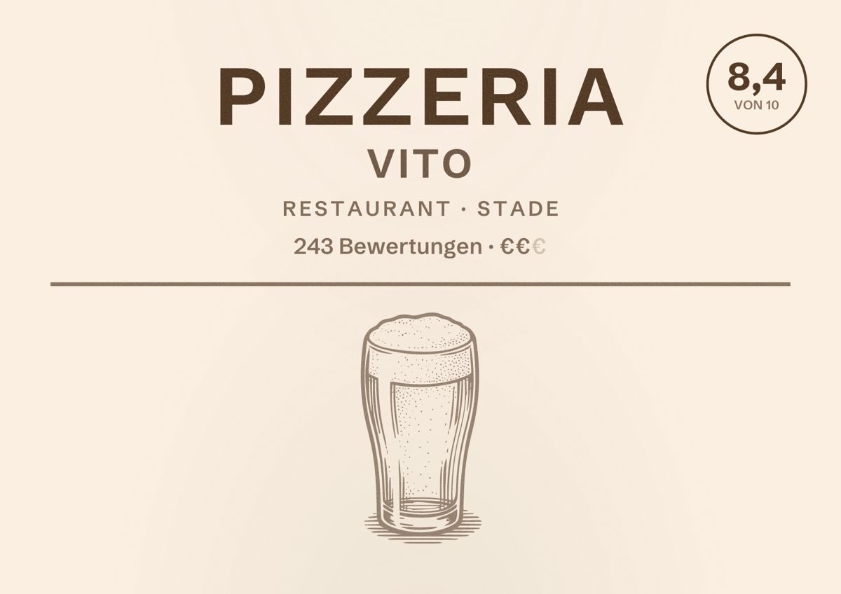 Illustriertes Poster von Pizzeria Vito, Restaurant in Stade: Bewertung 8,4 von 10 aus 243 Bewertungen, Preisniveau €€