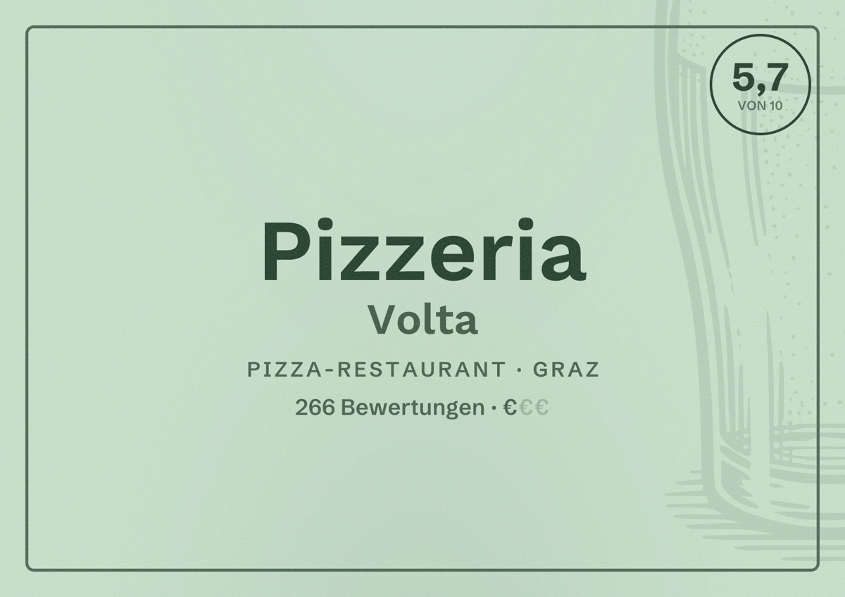 Illustriertes Poster von Pizzeria Volta, Pizza-Restaurant in Graz: Bewertung 5,7 von 10 aus 266 Bewertungen, Preisniveau €