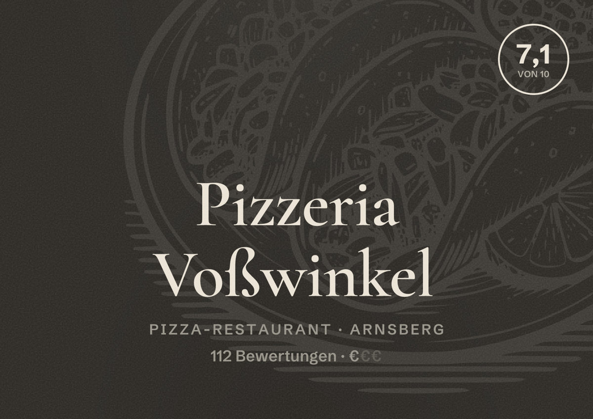 Illustriertes Poster von Pizzeria Voßwinkel, Pizza-Restaurant in Arnsberg: Bewertung 7,1 von 10 aus 112 Bewertungen, Preisniveau €