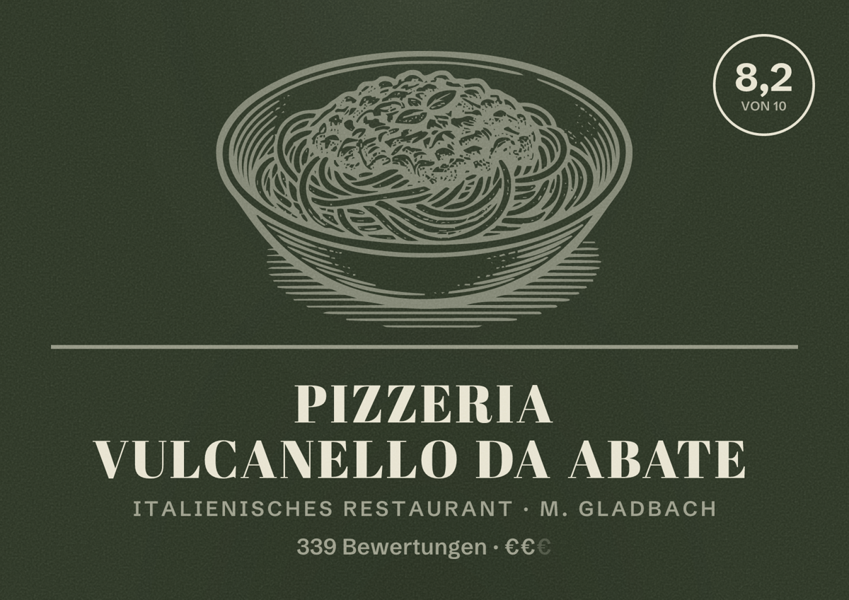 Illustriertes Poster von Pizzeria Vulcanello Da Abate, Italienisches Restaurant in M. Gladbach: Bewertung 8,2 von 10 aus 339 Bewertungen, Preisniveau €€