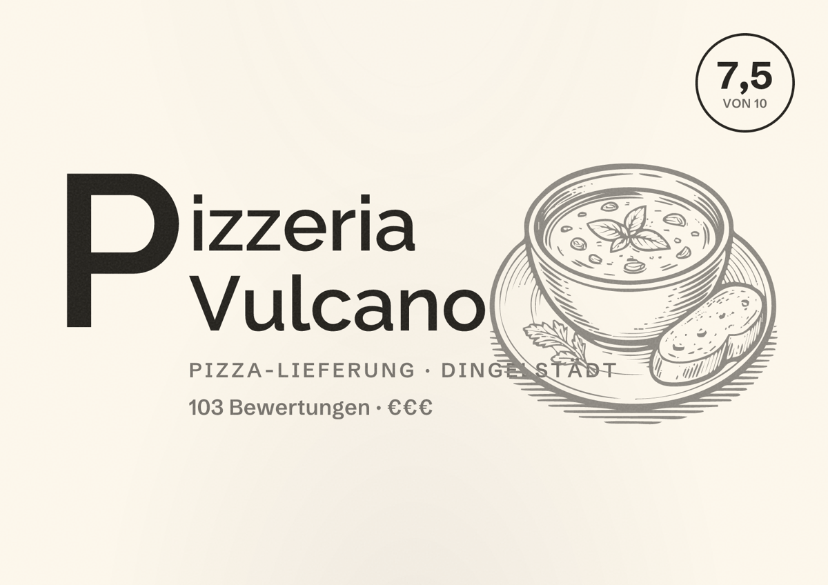 Illustriertes Poster von Pizzeria Vulcano, Pizza-Lieferung in Dingelstädt: Bewertung 7,5 von 10 aus 103 Bewertungen, Preisniveau €€€