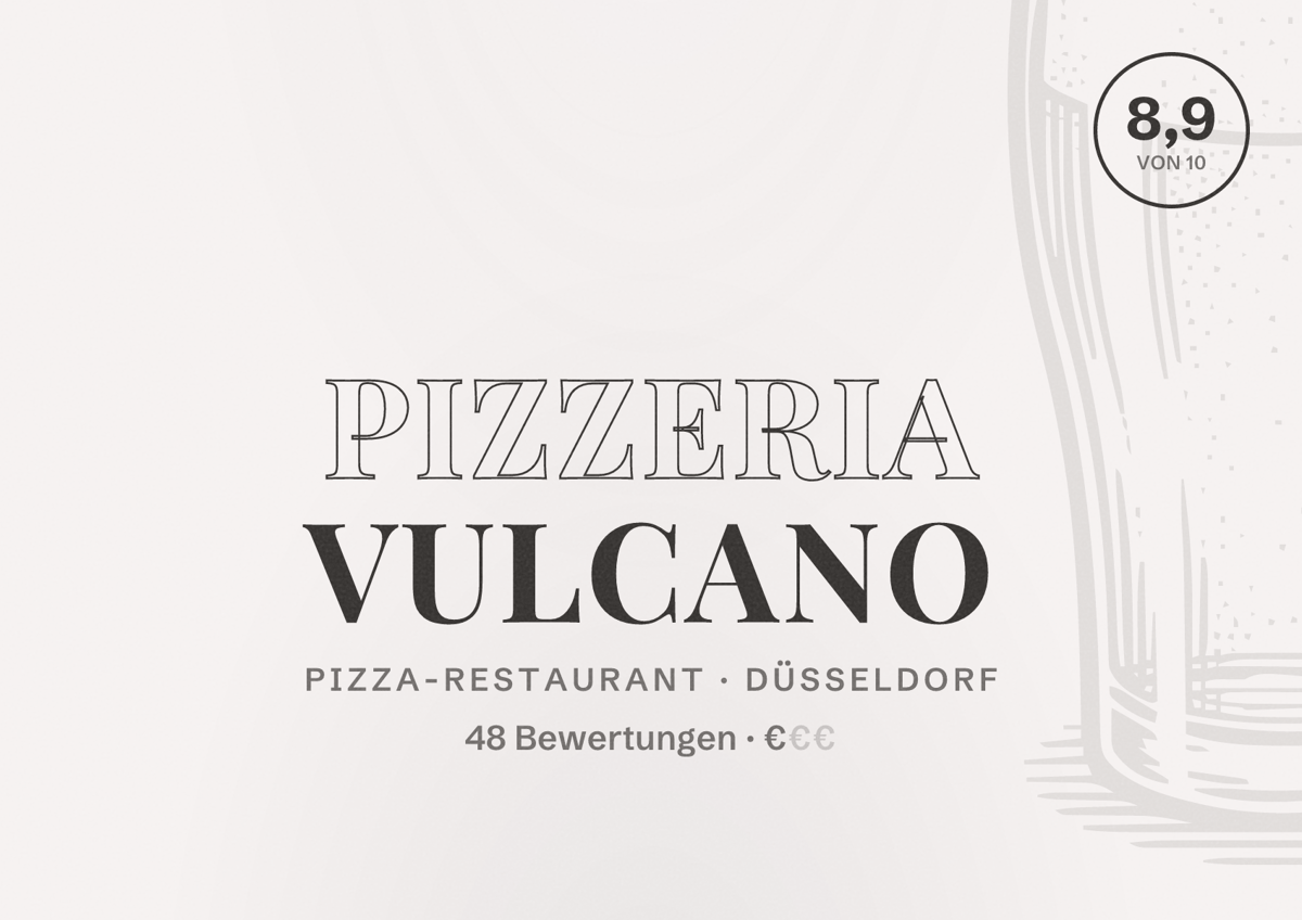 Illustriertes Poster von Pizzeria Vulcano, Pizza-Restaurant in Düsseldorf: Bewertung 8,9 von 10 aus 48 Bewertungen, Preisniveau €