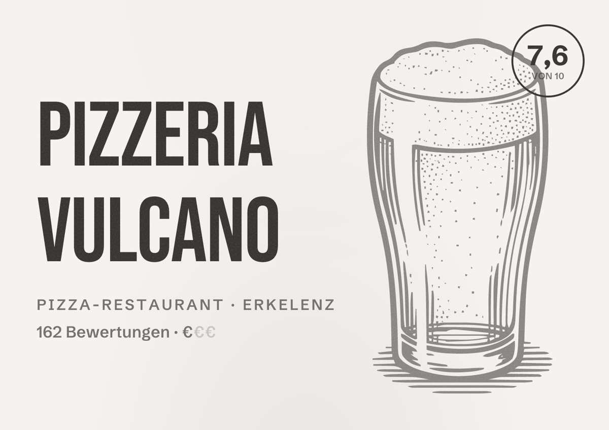 Illustriertes Poster von Pizzeria Vulcano, Pizza-Restaurant in Erkelenz: Bewertung 7,6 von 10 aus 162 Bewertungen, Preisniveau €