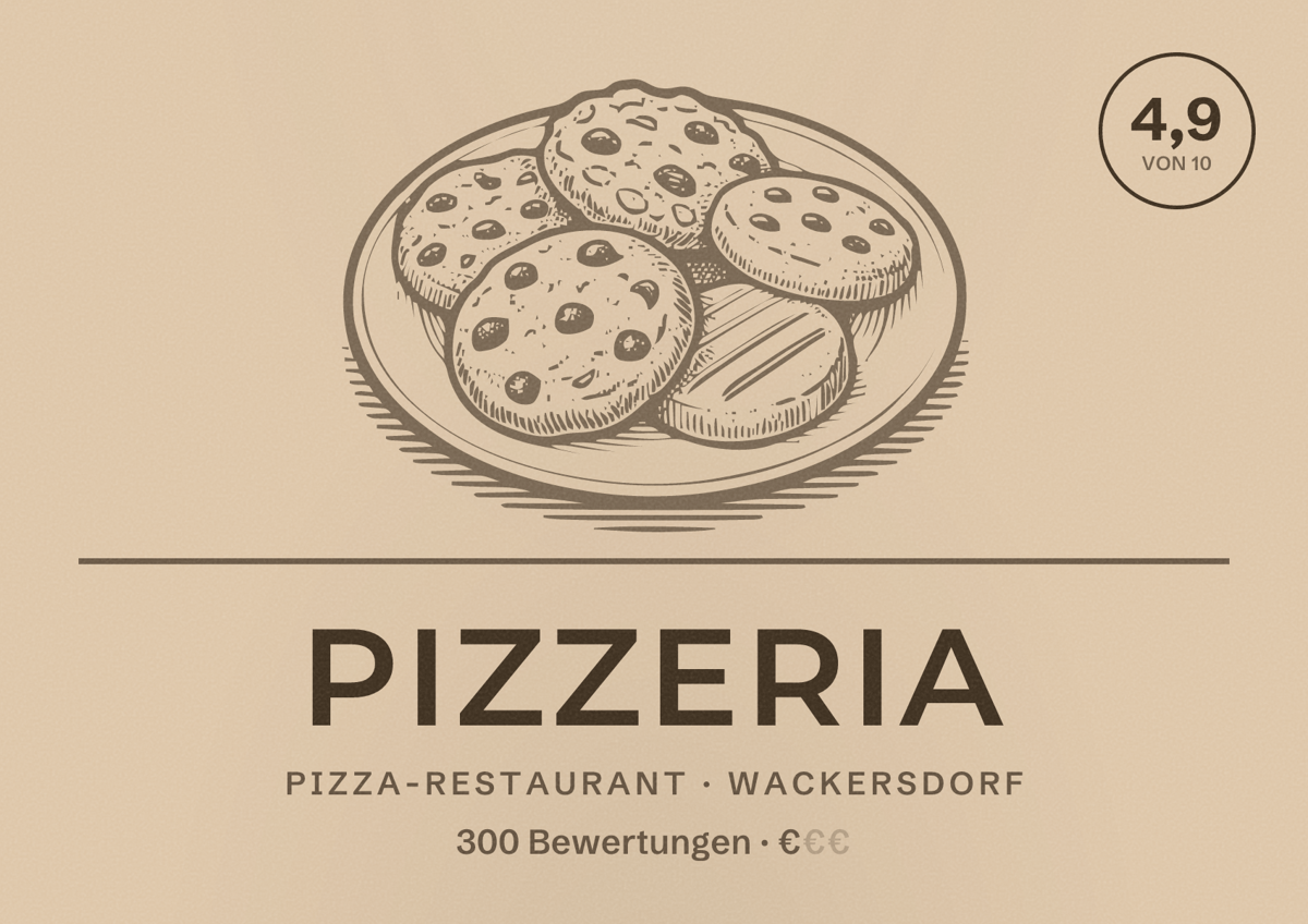 Illustriertes Poster von Pizzeria, Pizza-Restaurant in Wackersdorf: Bewertung 4,9 von 10 aus 300 Bewertungen, Preisniveau €