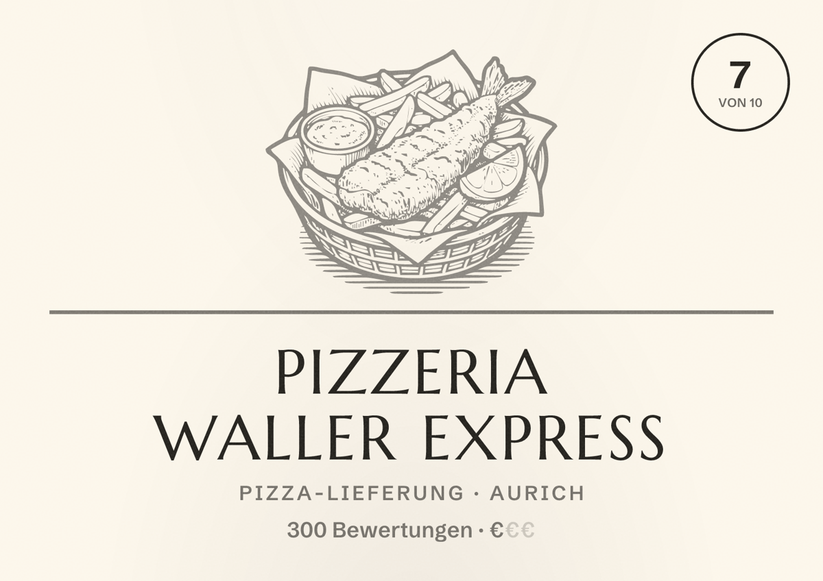 Illustriertes Poster von Pizzeria Waller Express, Pizza-Lieferung in Aurich: Bewertung 7 von 10 aus 300 Bewertungen, Preisniveau €